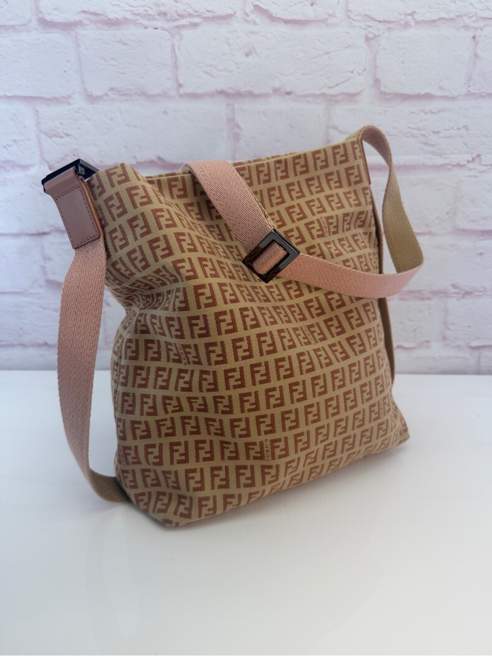 Fendi Beige Zucca Monogram Shoulder Bag with Pink Strap